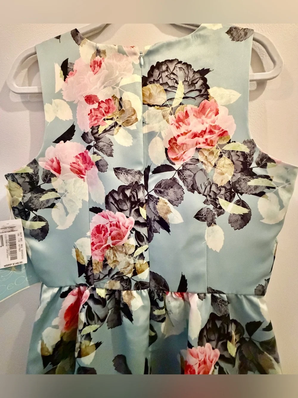 Floral V-Neck Mint Girls Dress with Pink Roses